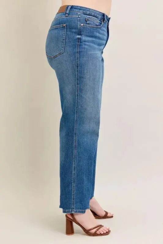 Judy Blue Full Size High Waist Tummy Control Destroy Wide Leg Jeans with Chew Hem