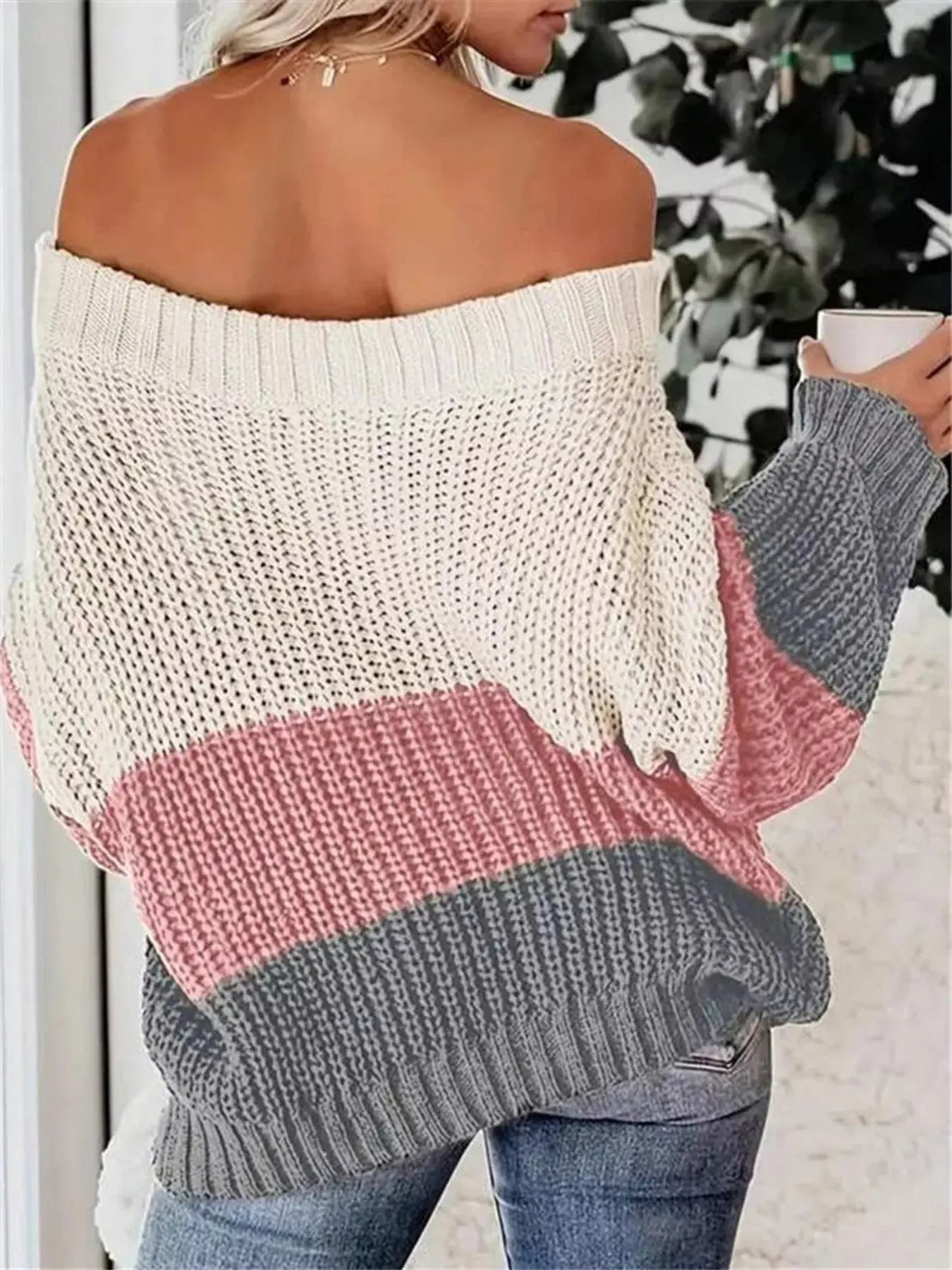 Color Block Off Shoulder Sweater