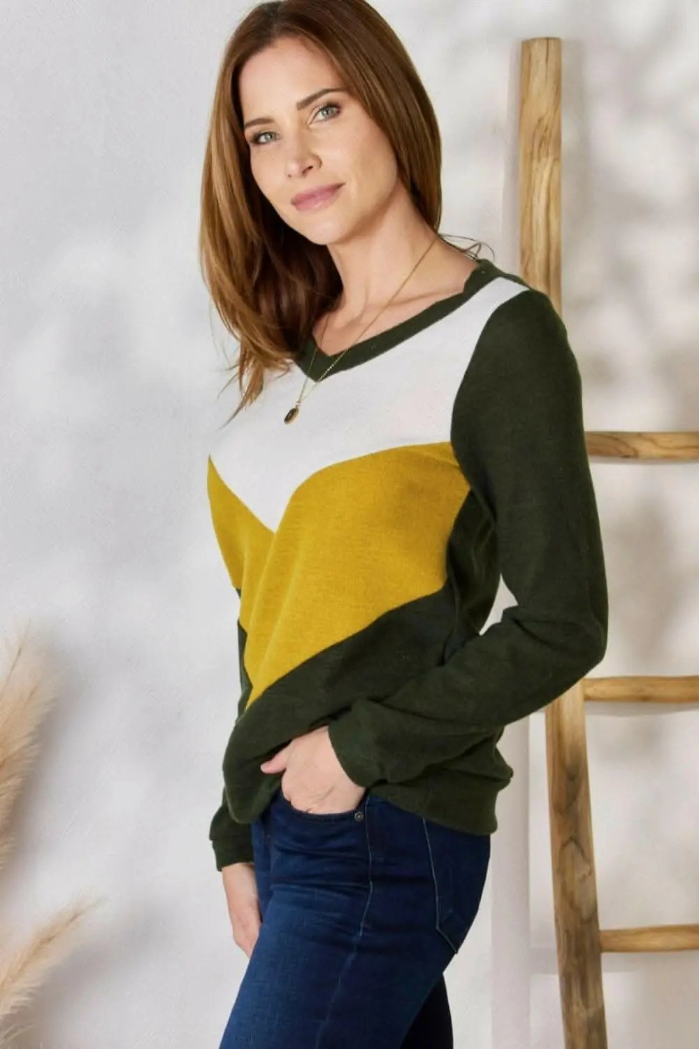 Plus Size Colorblock Blouse Olive | Trendsi Versatile