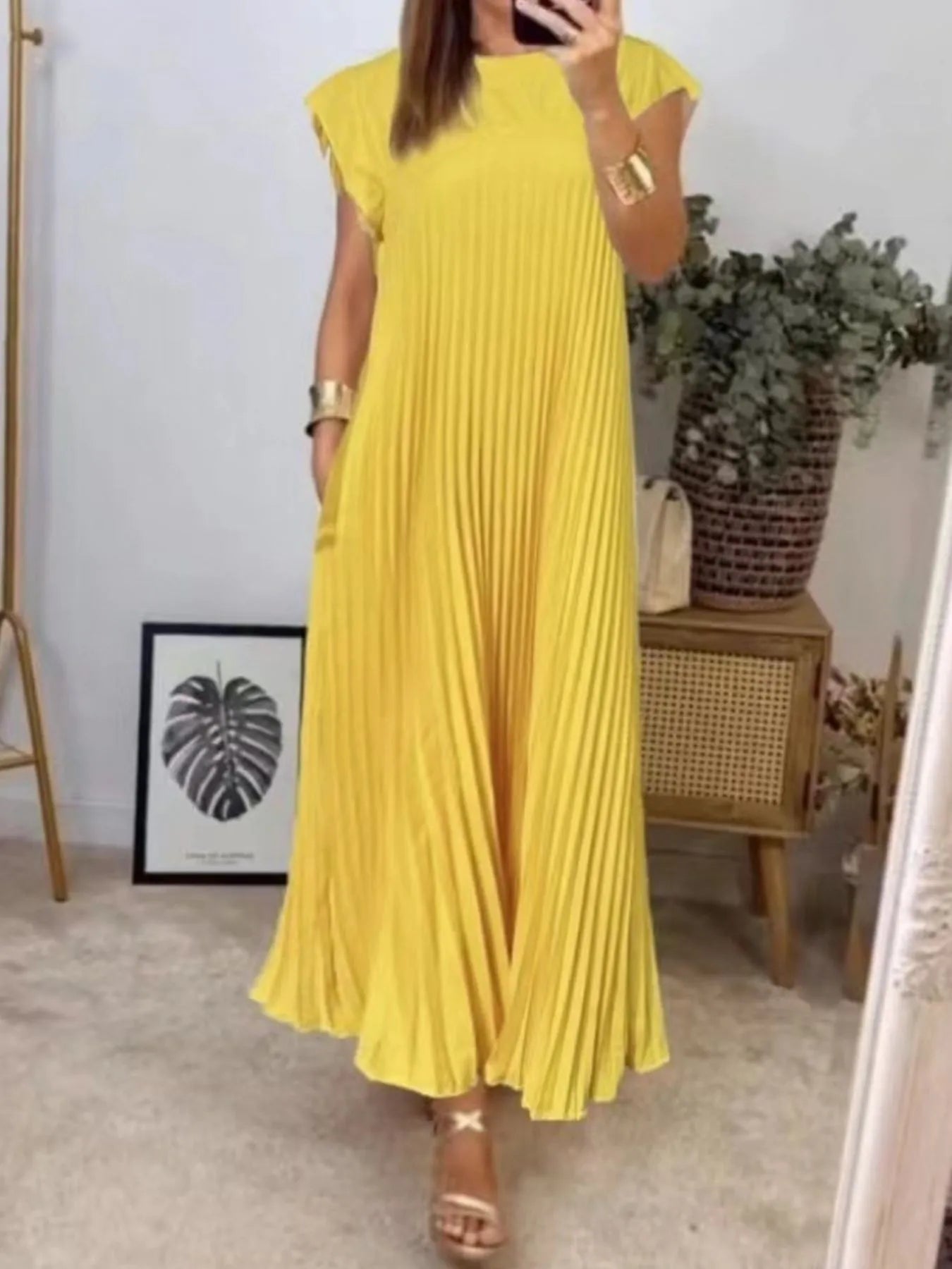 Pleated Round Neck Maxi Dress