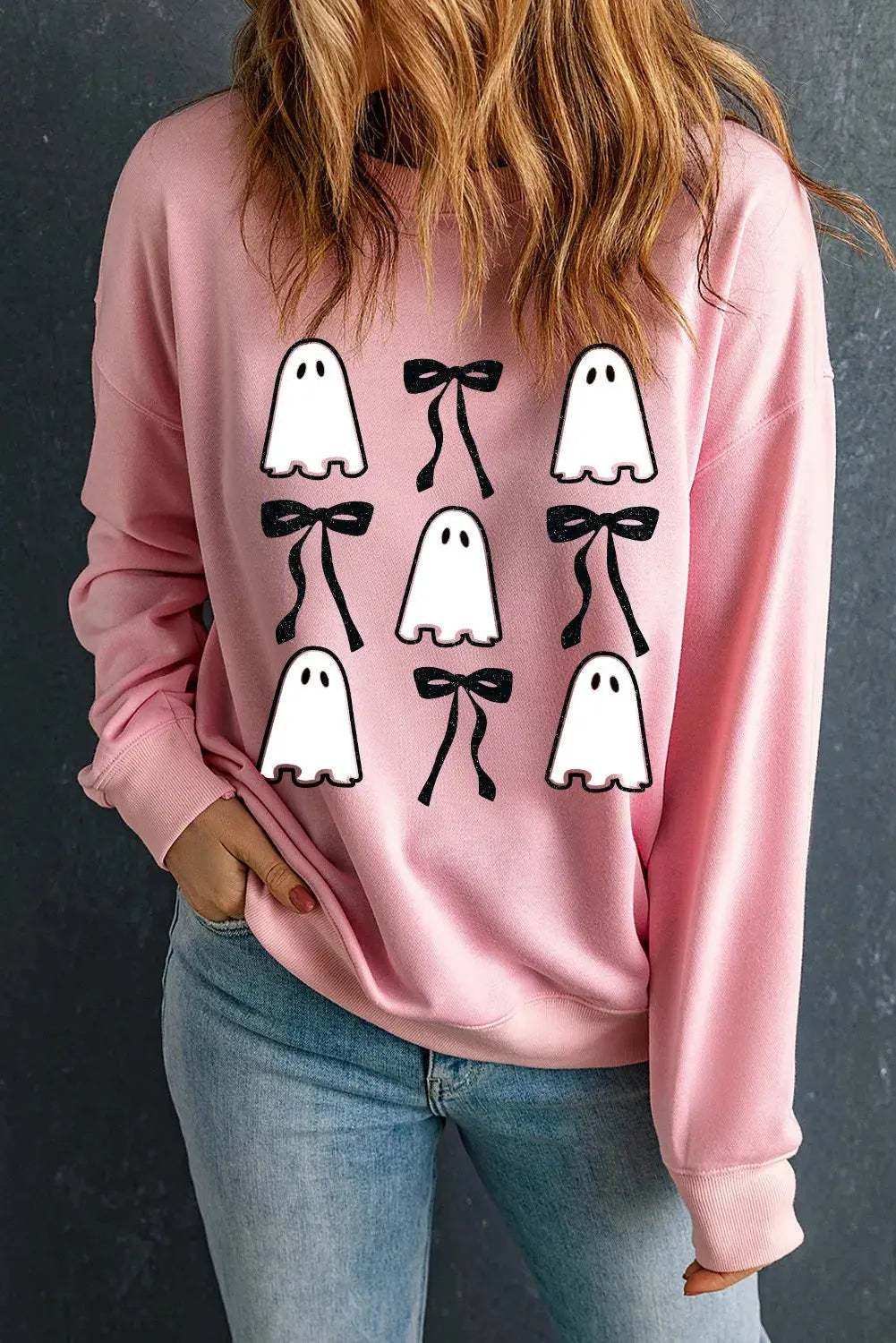 Ghost & Bow Round Neck Halloween Long Sleeve Womens Sweatshirt