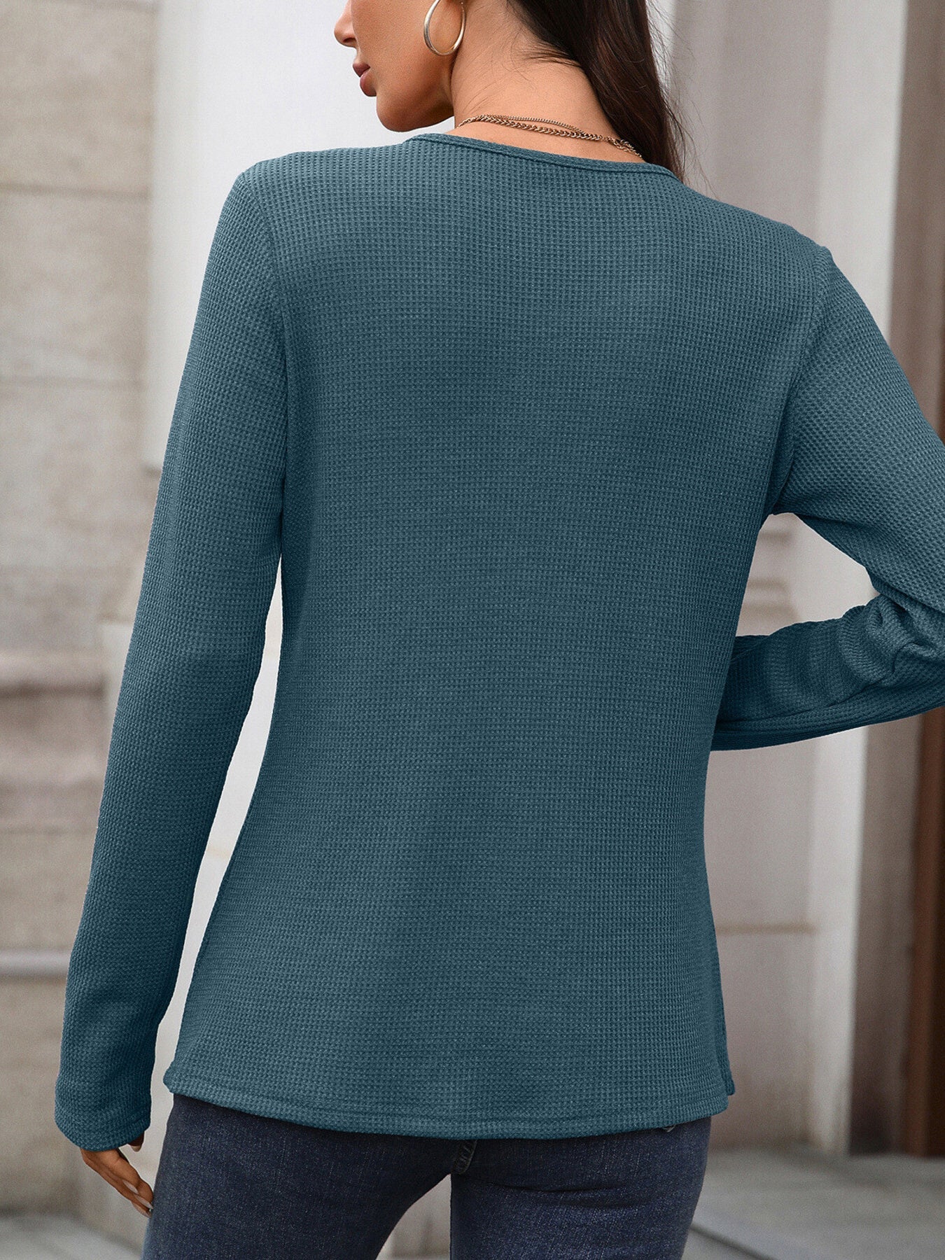 Women's Waffle Knit Long Sleeve Button Henley T Shirt