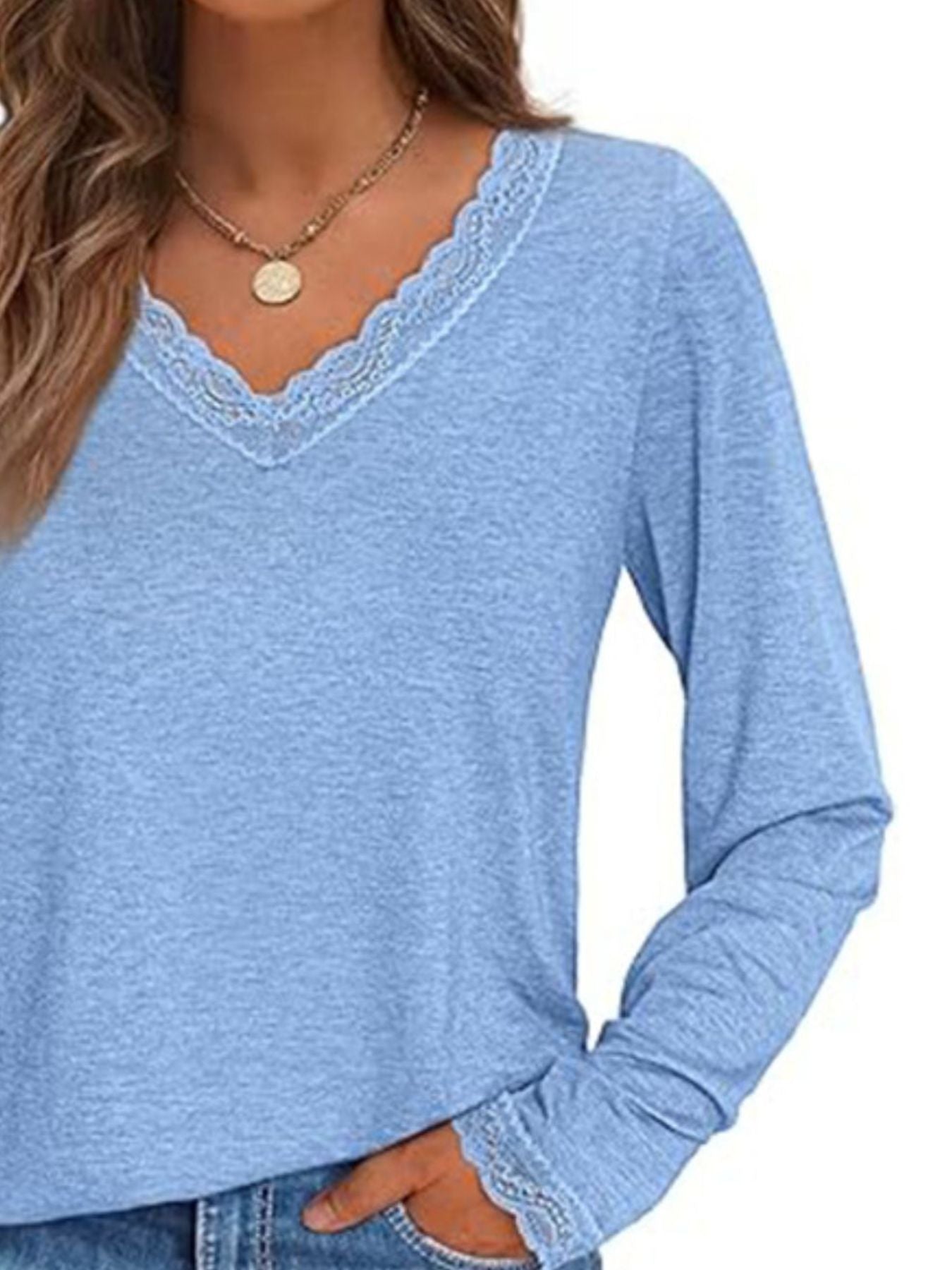 Women's Lace Trim V Neck Long Sleeve Top