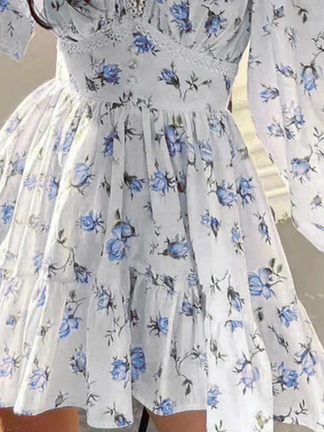 Lace Detail V Neck Balloon Sleeve Dress