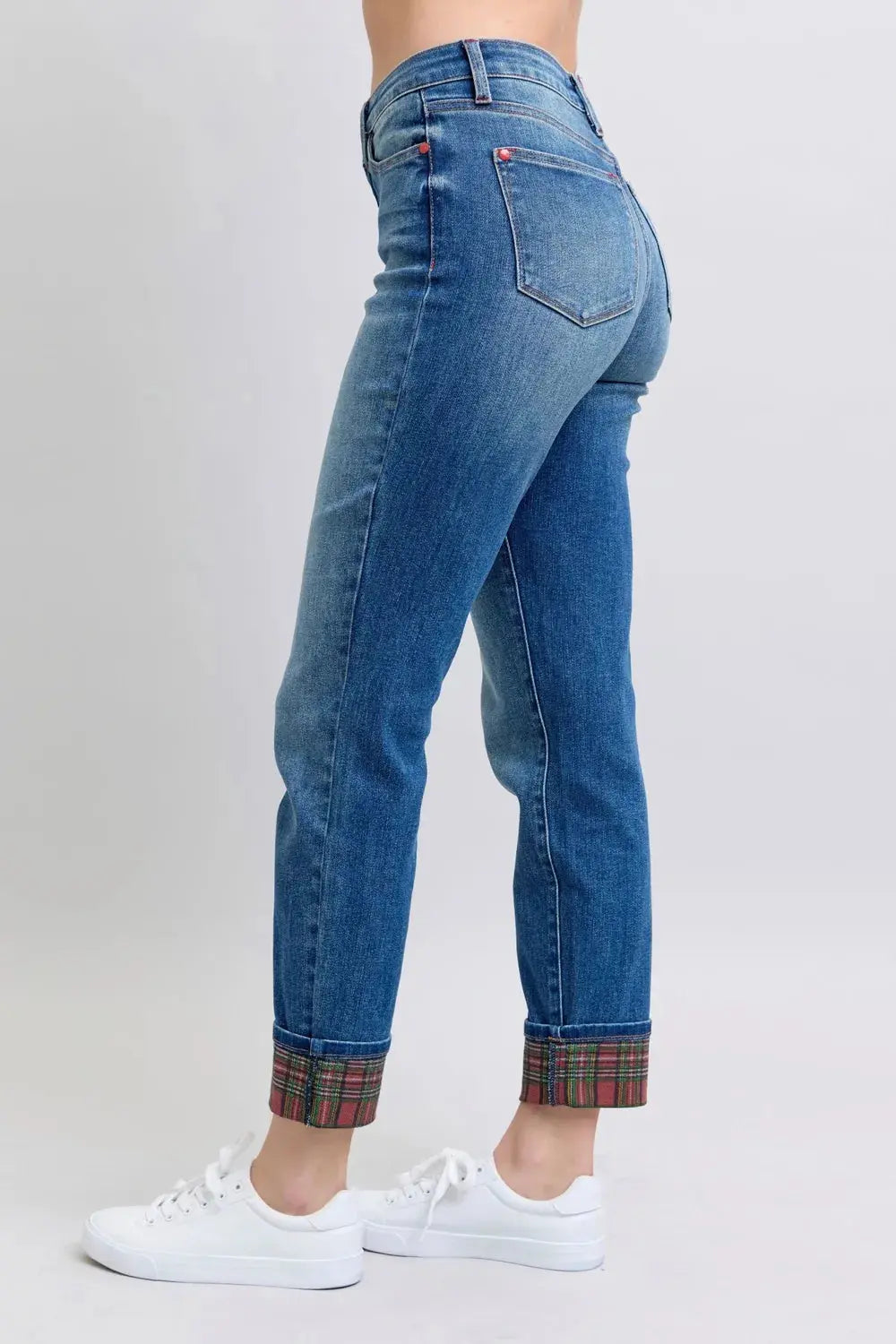 Full/Plus Size Plaid Print Cuff Straight Leg Judy Blue Jeans with Pockets