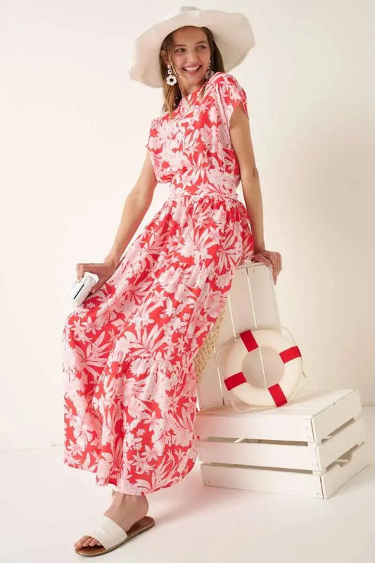 Mittoshop Tropical Floral Two-Piece Top & Tiered Maxi Skirt Set