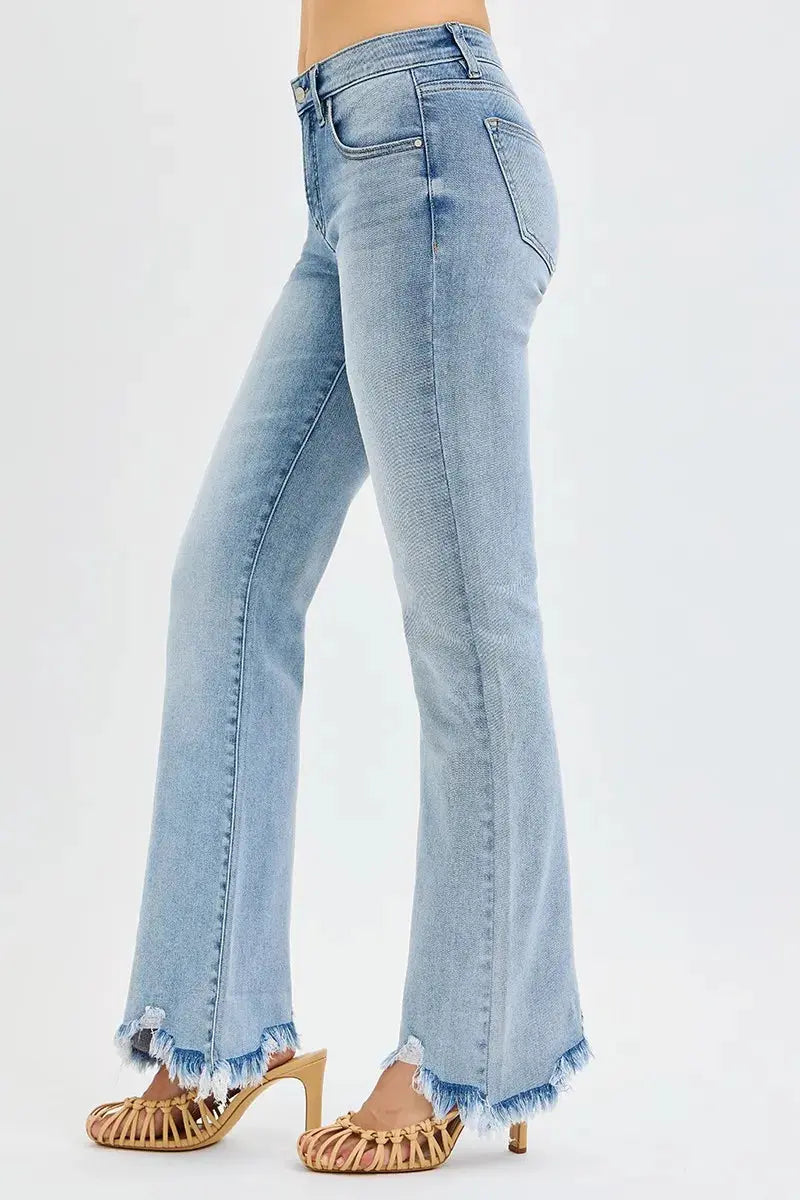 RISEN Jeans - Plus Size Tummy Control Mid Rise Flare Jeans with Fray Hem