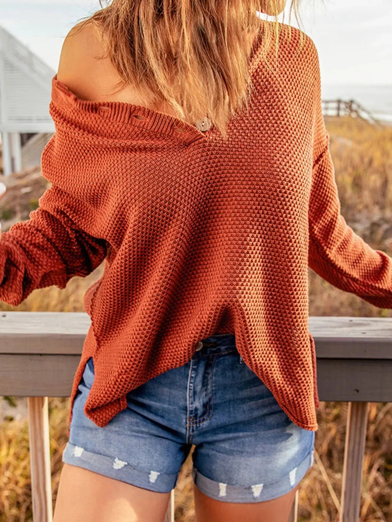 Waffle-Knit Button Detail Long Sleeve Knit Top