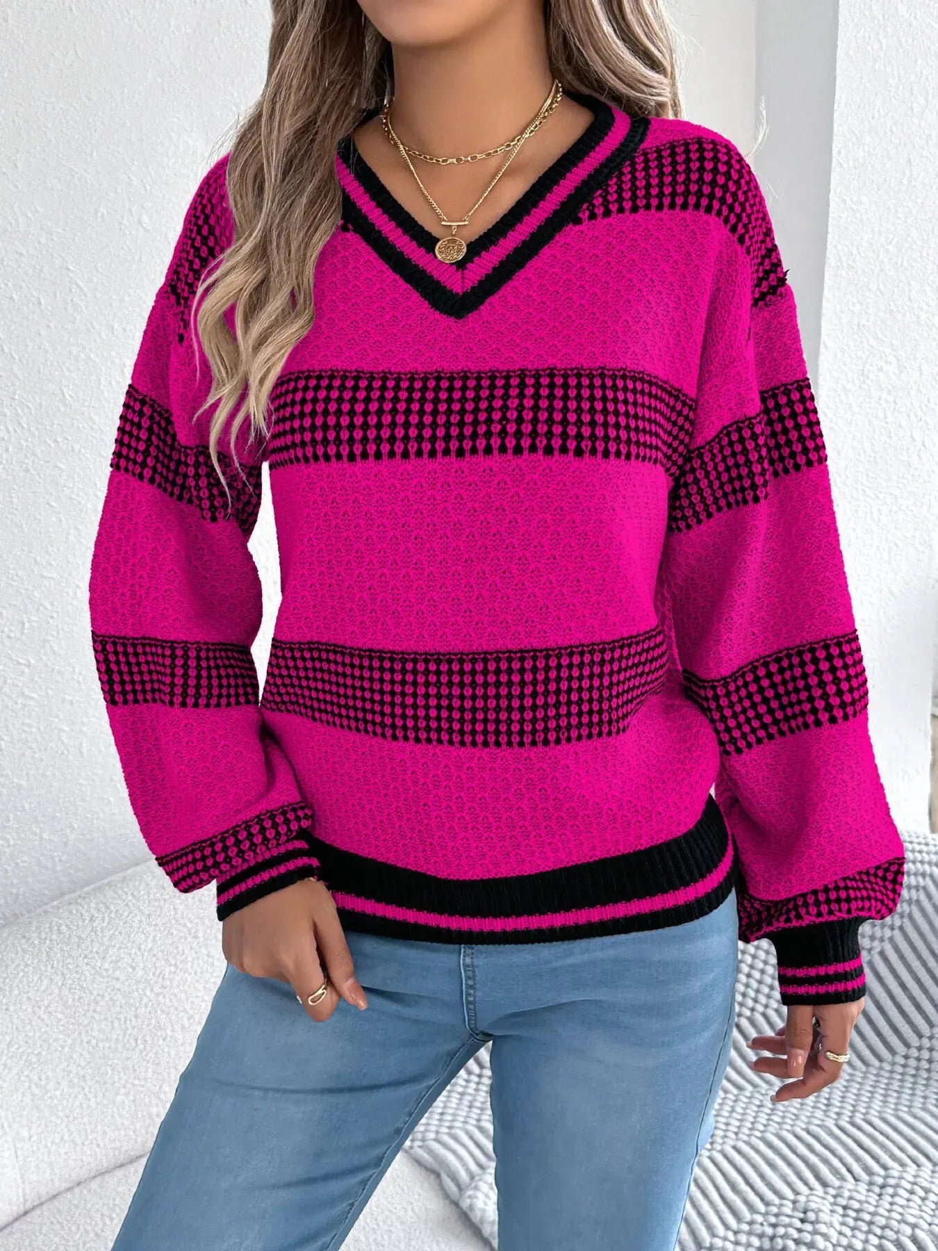 Contrast Striped V Neck Sweater