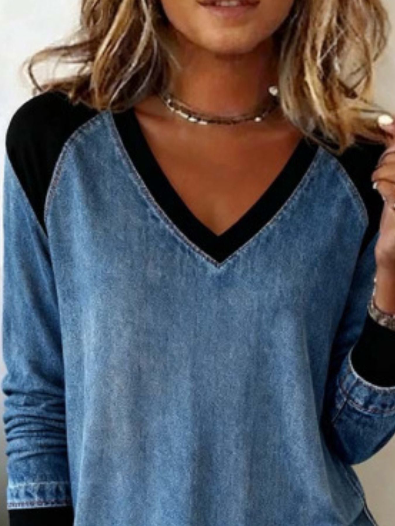 Full Size Patchwork V Neck Long Sleeve Blouse