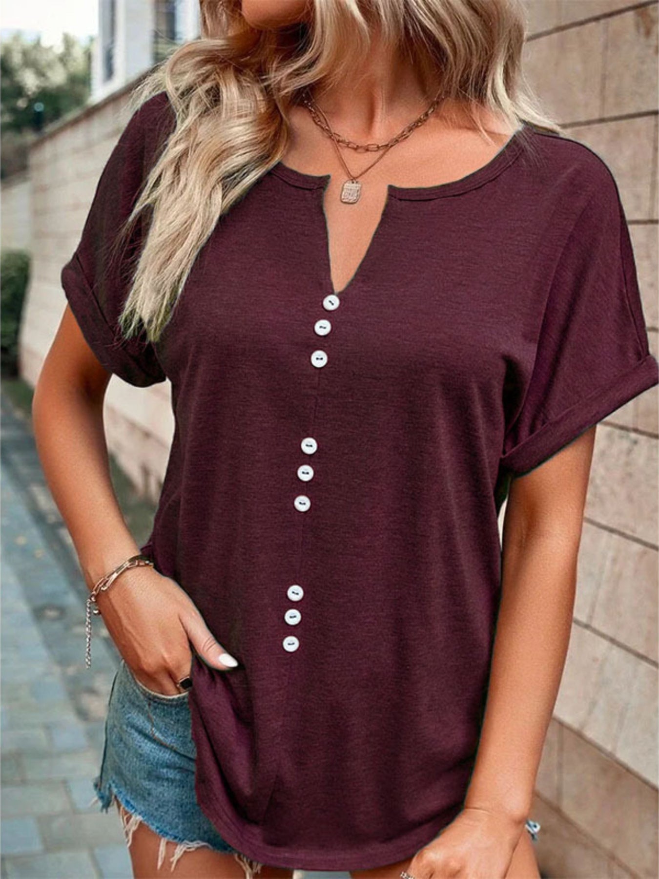 Full Size Decor Button Short Sleeve T Shirt