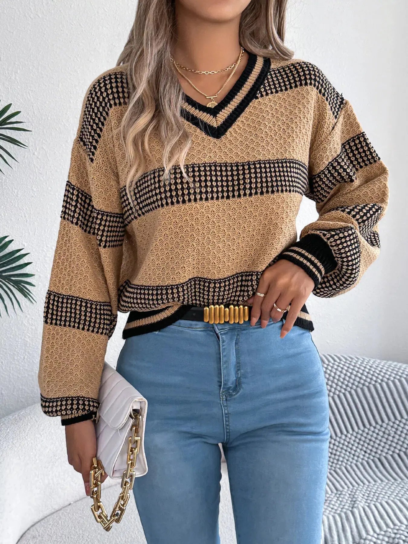 Contrast Striped V Neck Sweater