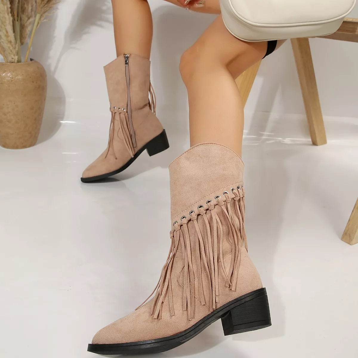 Fringe Western Block Heel Boots