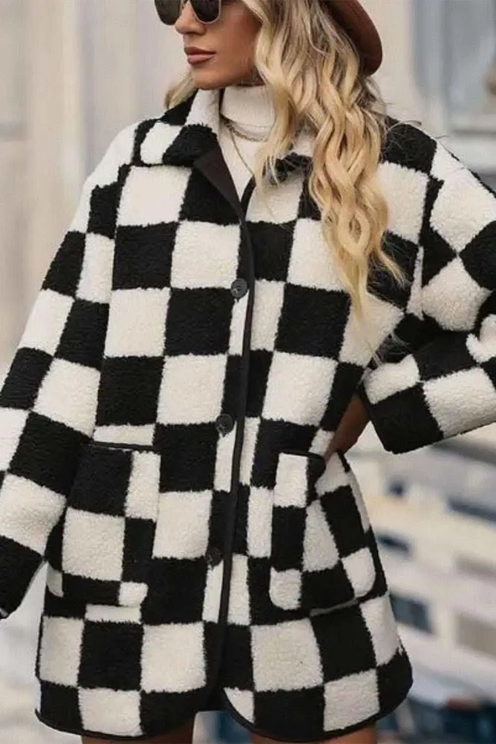 Love Salve Women's Fleece Jacket Black Checkered — Warm Casual Outerwear