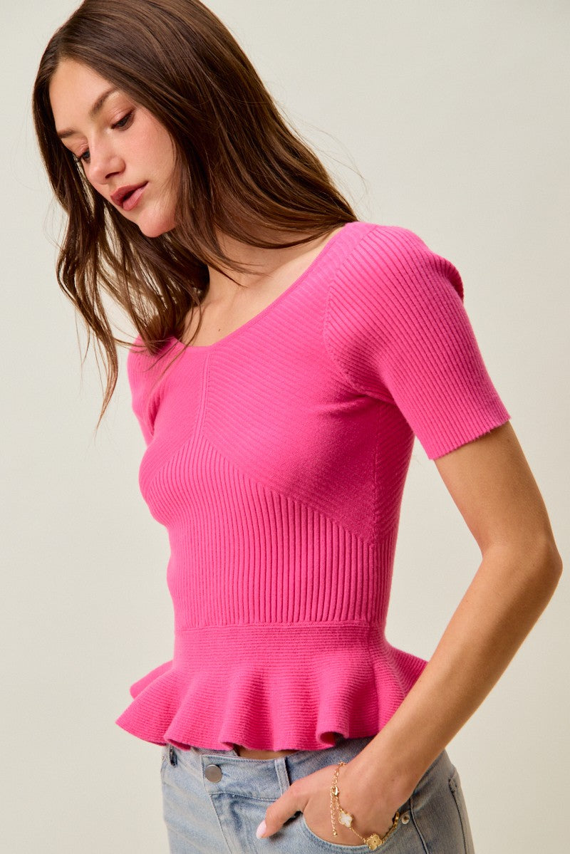 Hot Pink Ribbed Knit Short Sleeves Peplum Sweater Top