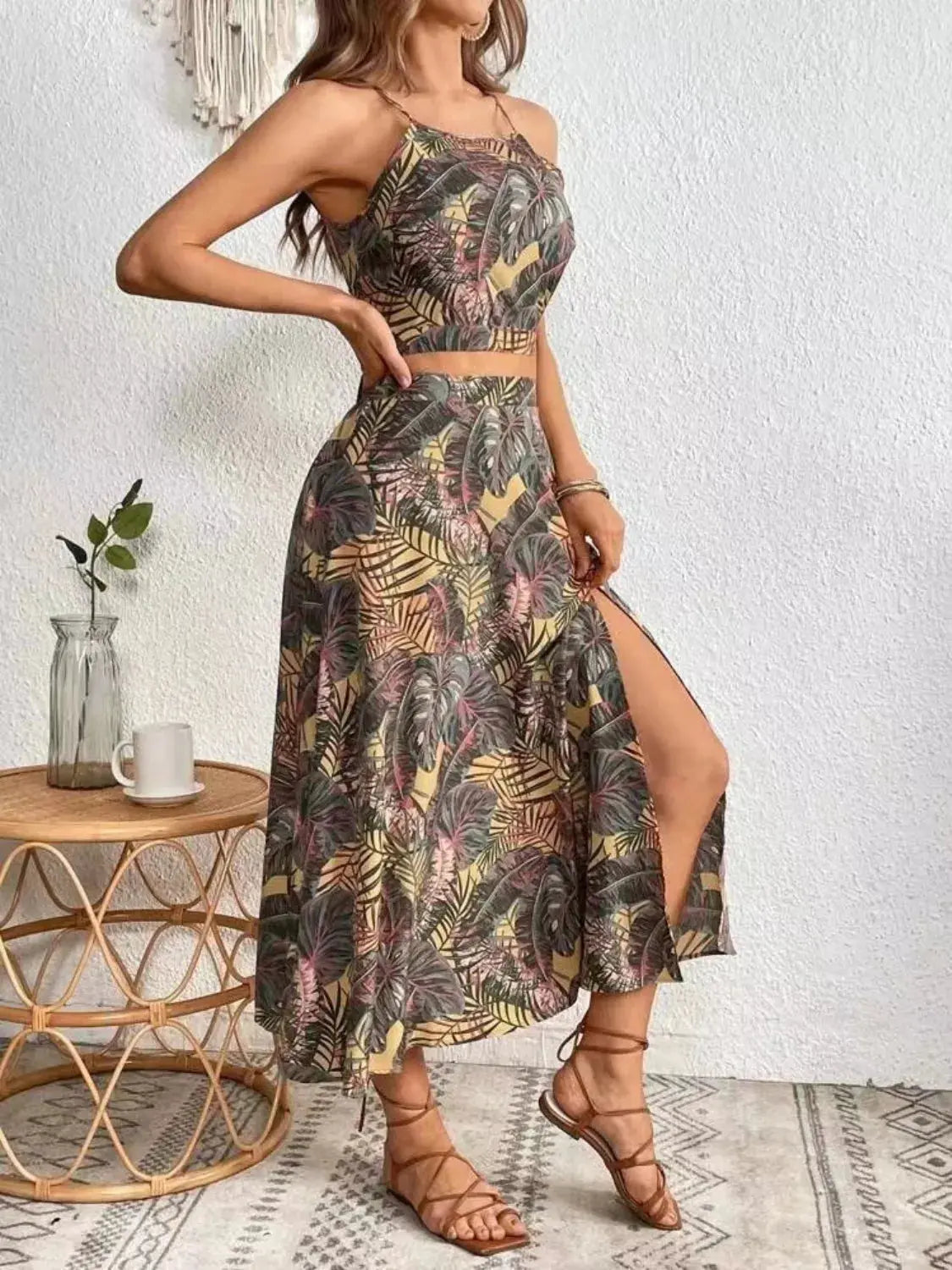 Tropical Leaf Print Two Piece Midi Skirt Set