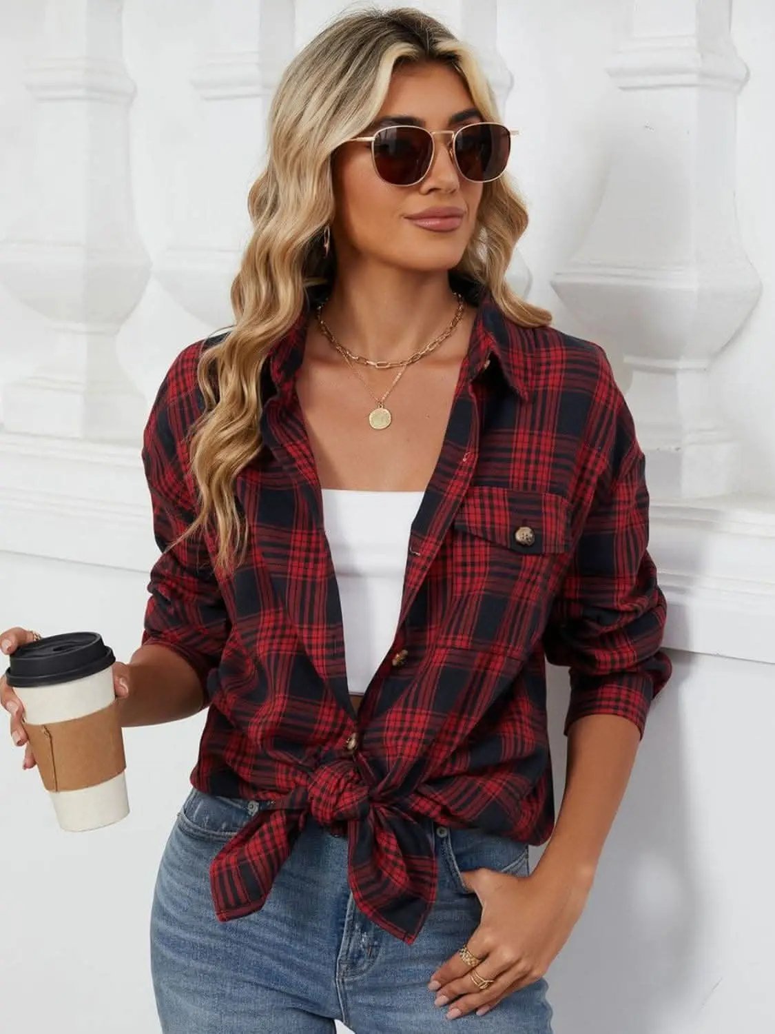 Trendsi Plaid Collared Shirt Long Sleeve — Casual Dusty Pink