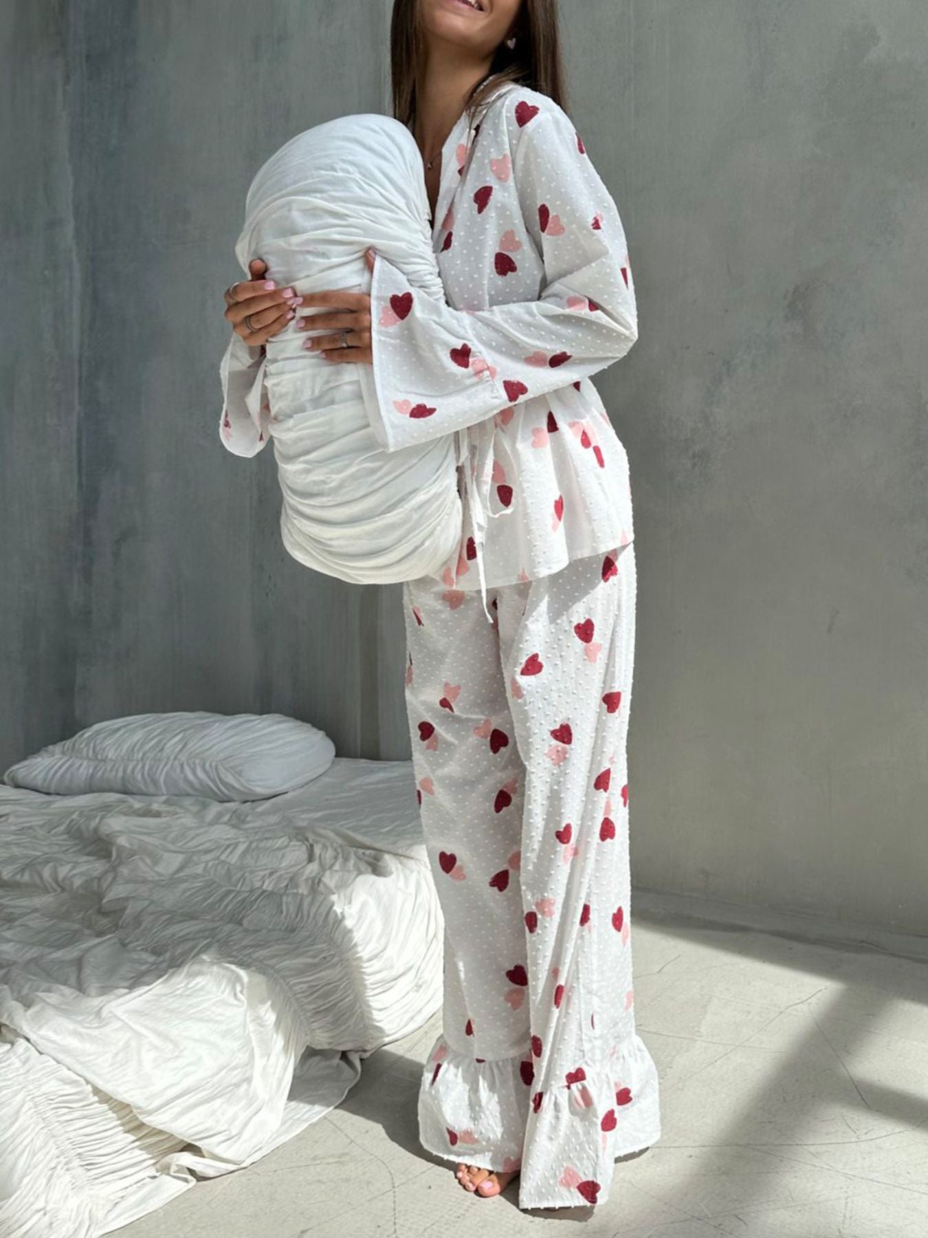 Heart Print Ruffle Trim Button-Up Cotton Lounge Set