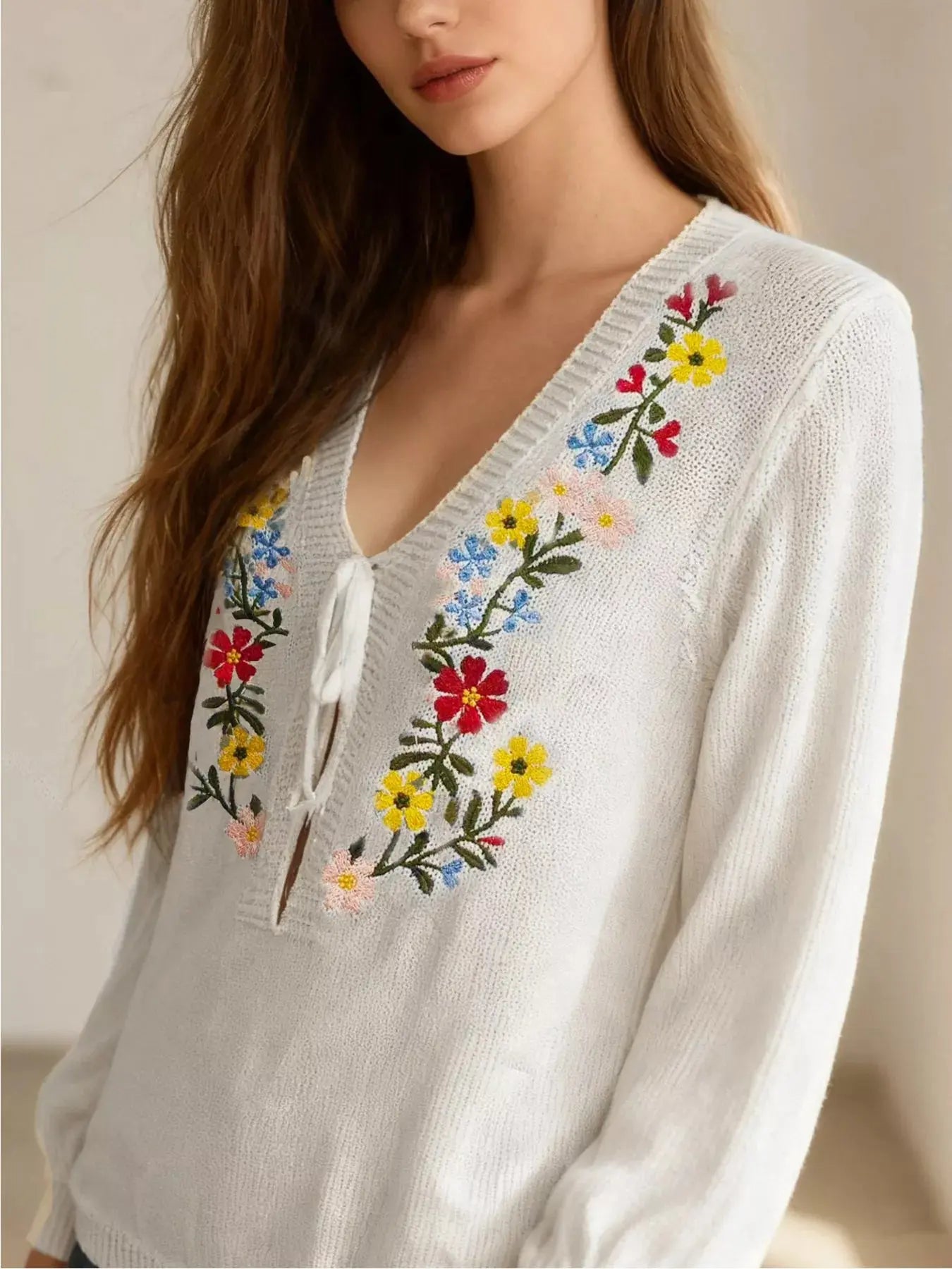 Floral Embroidered V Neck Sweater