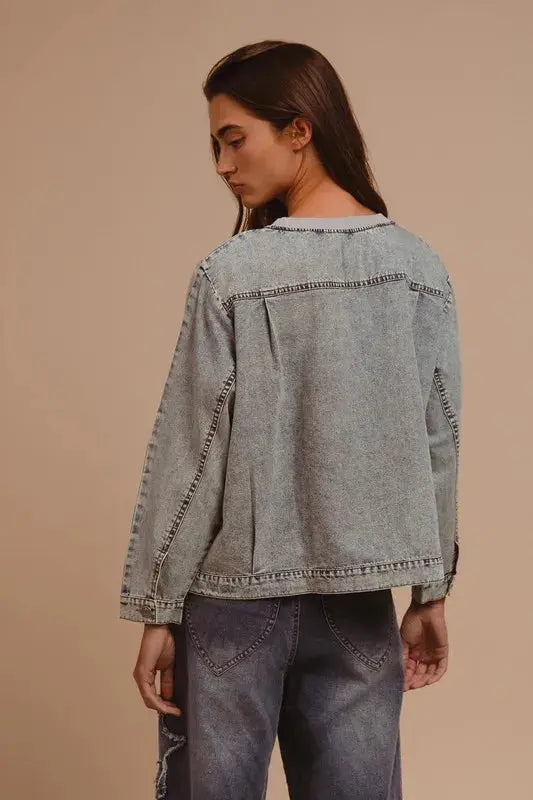 Women's Denim Top Denim Top - Mineral Washed Checkered - Casual Round Neck