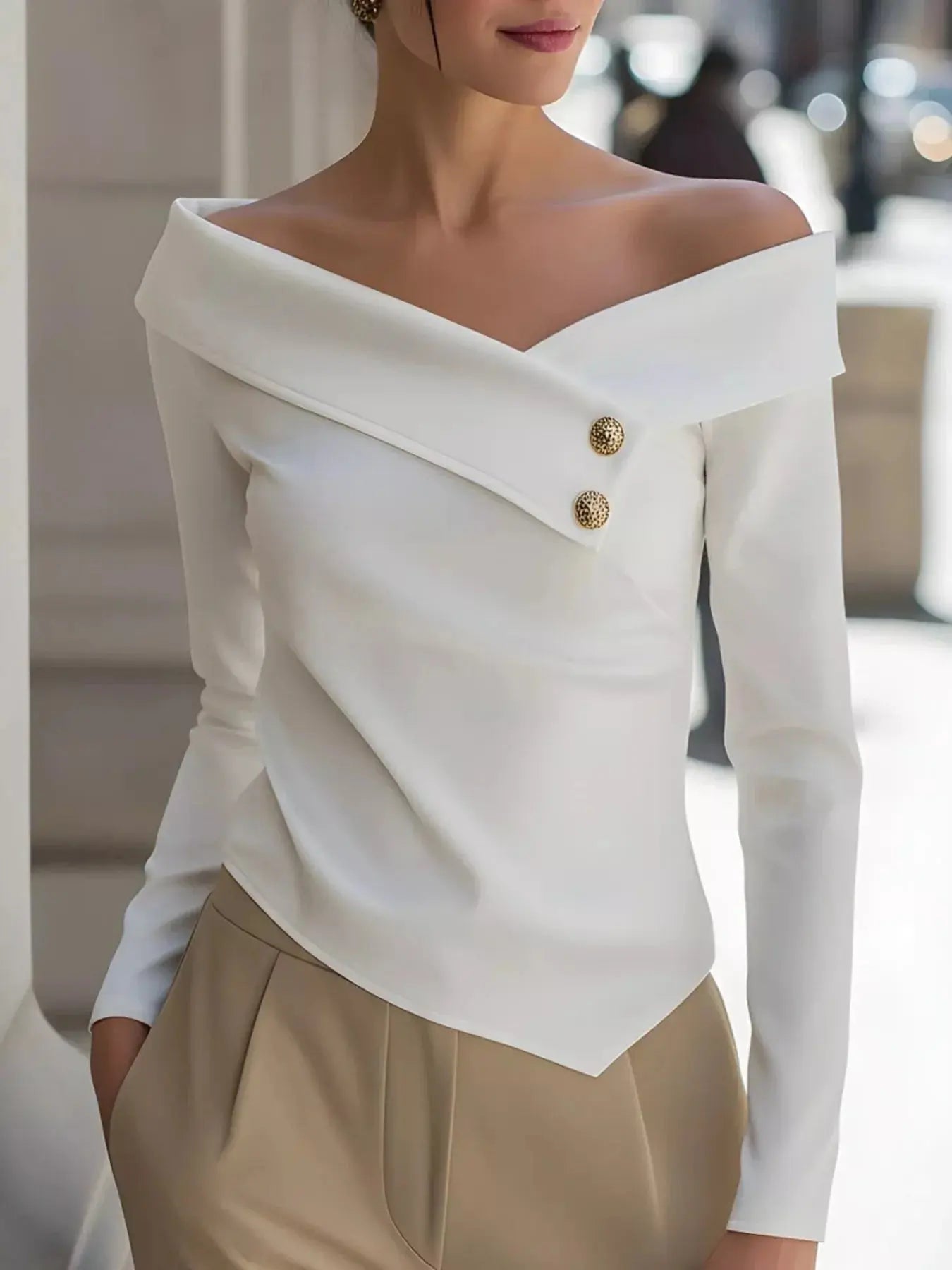 Decorative Button Off Shoulder Blouse