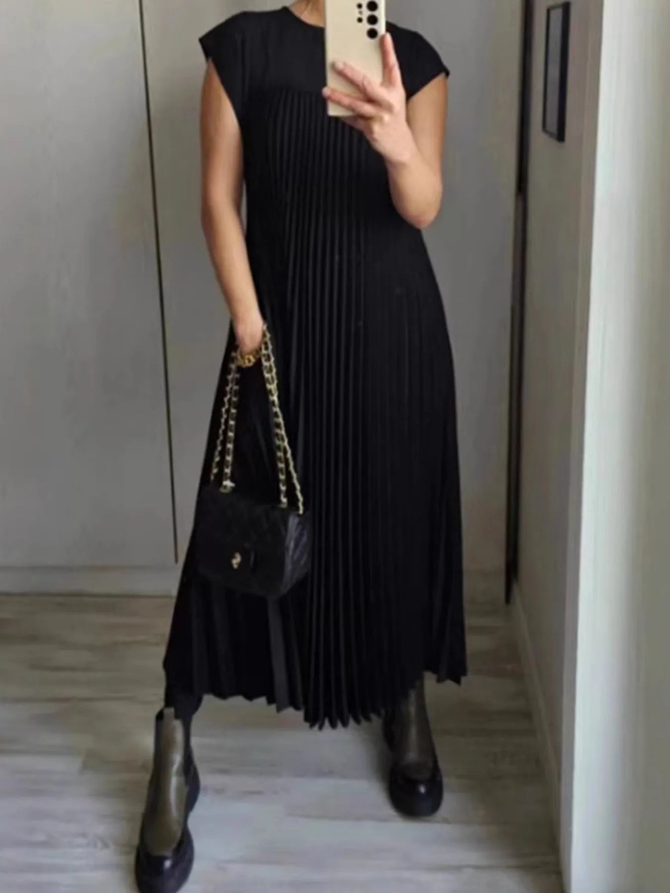 Pleated Round Neck Maxi Dress