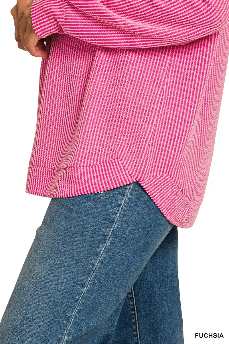 Zenana Plus Size Raised Rib Round Neck Long Sleeve Top