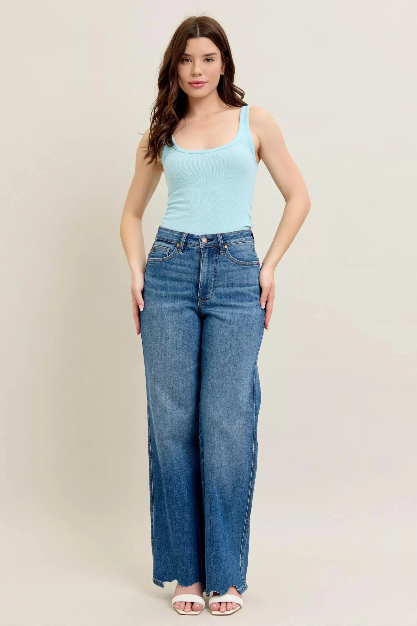 Judy Blue Full Size High Waist Tummy Control Destroy Wide Leg Jeans with Chew Hem