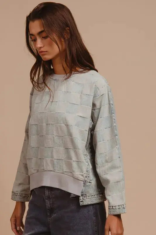 Women's Denim Top Denim Top - Mineral Washed Checkered - Casual Round Neck
