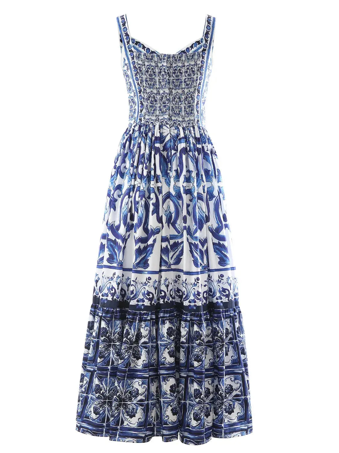 Smocked Blue Tile Print Wide Strap Midi Dress