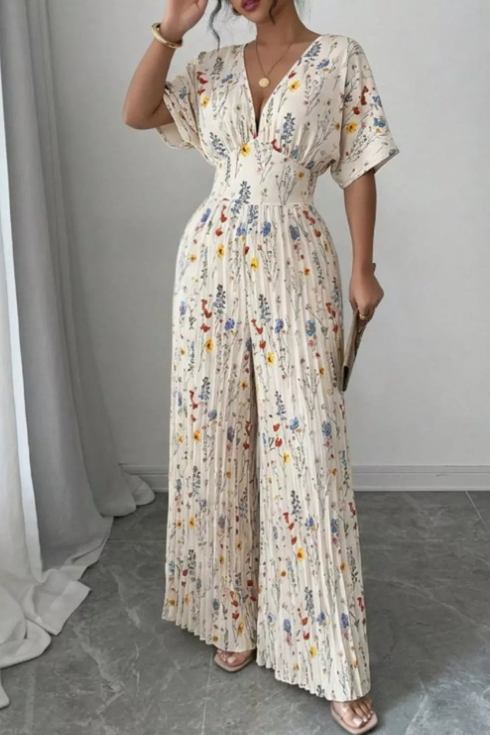 Floral Print Pleated Wide Leg Jumpsuit