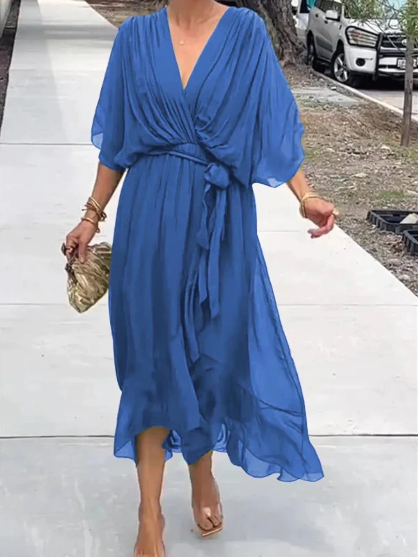 Flowy Tie Front Midi Dress with Flutter Sleeves