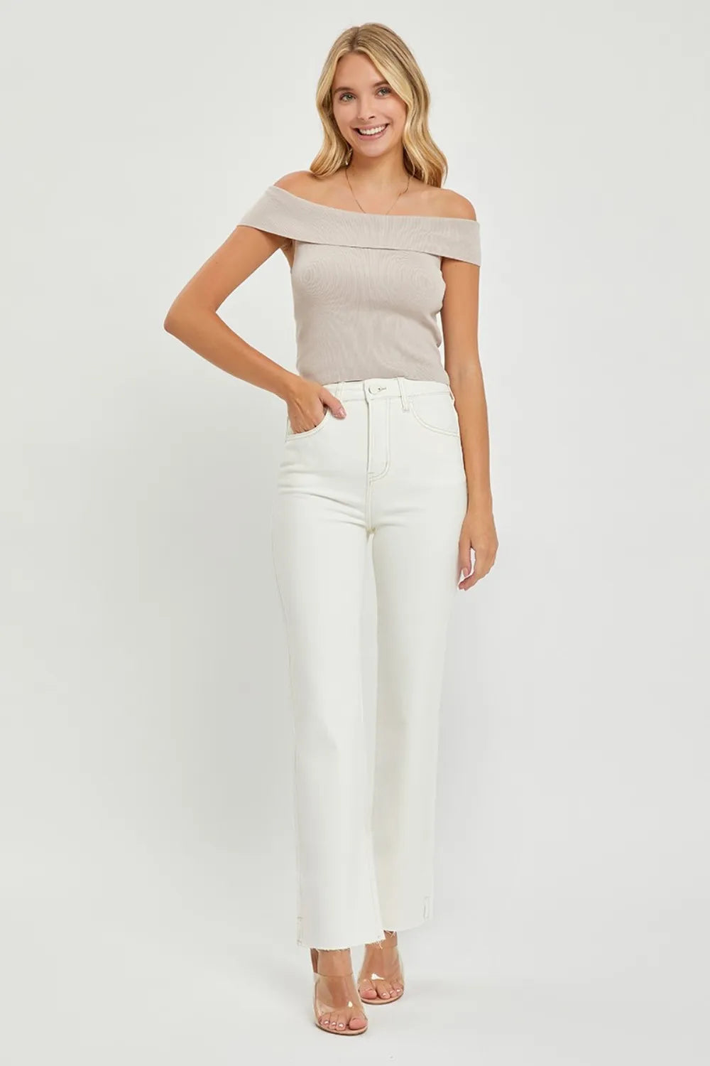 Plus Size 1XL High Rise Cream Color Tummy Control Straight Jeans