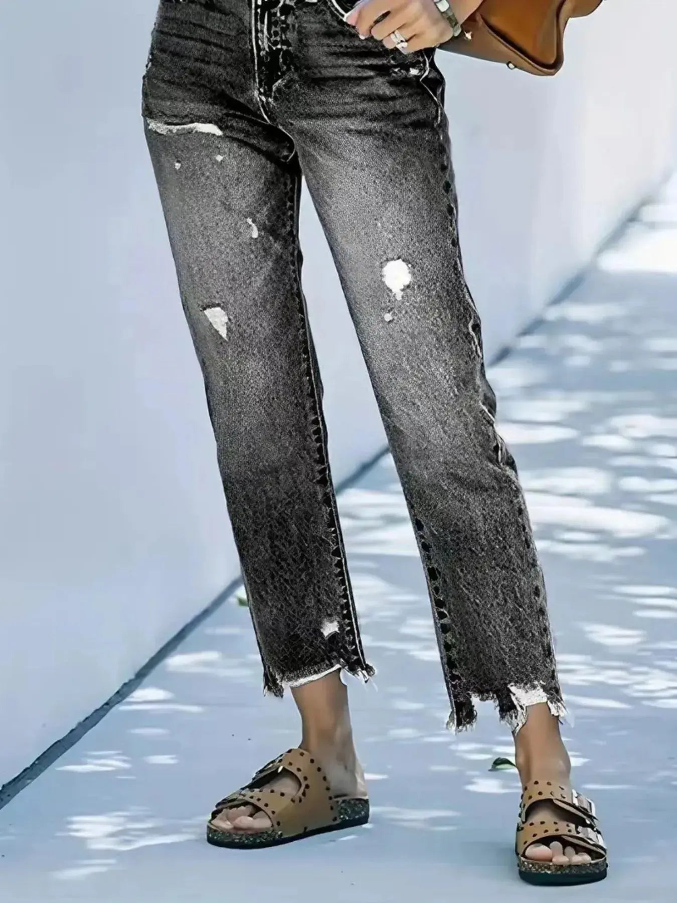 Distressed Straight Leg Jeans with Raw Hems