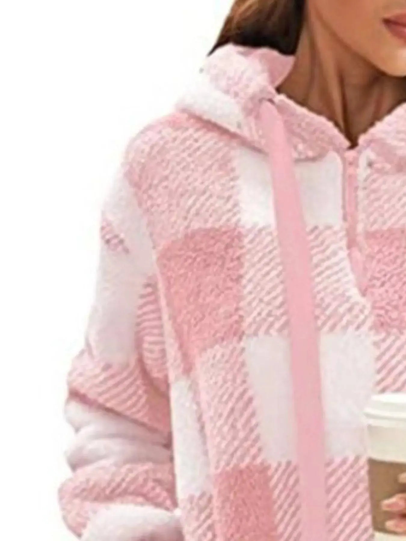 Plus Size Plaid Drawstring Sherpa Hoodie