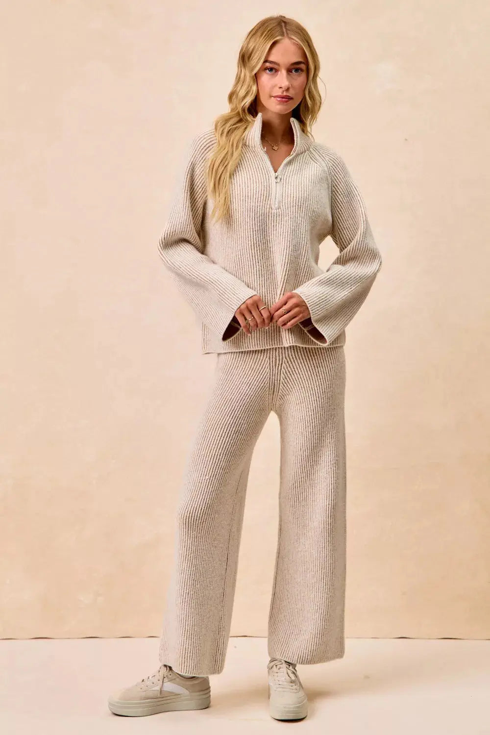 BiBi Two Tone Ribbed Textured Knit Sweater with Zip Up Collar