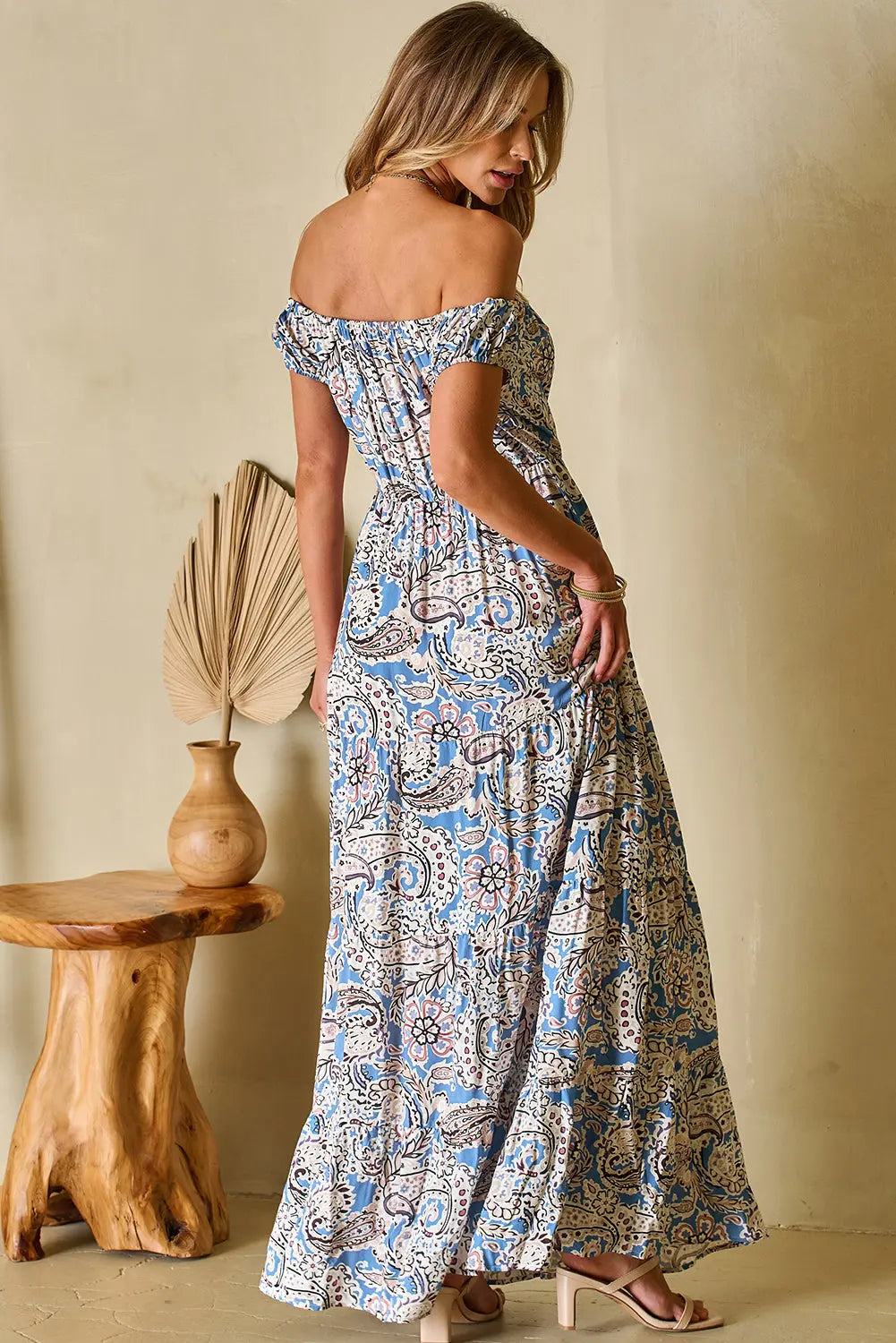 Blue Paisley Print Boho Off Shoulder Maxi Dress