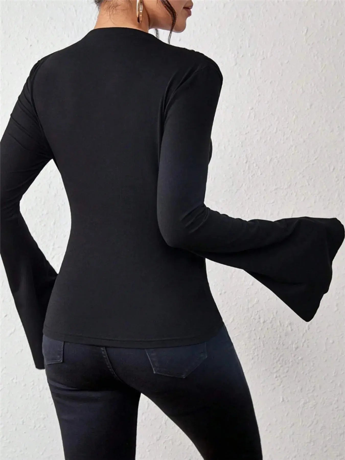 Bell Sleeve Fitted Ruched T Shirt with Mock Neck