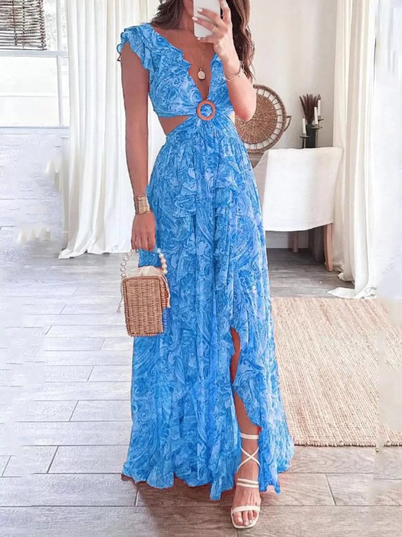 Full Size Ruffled Cutout V Neck Maxi Dress