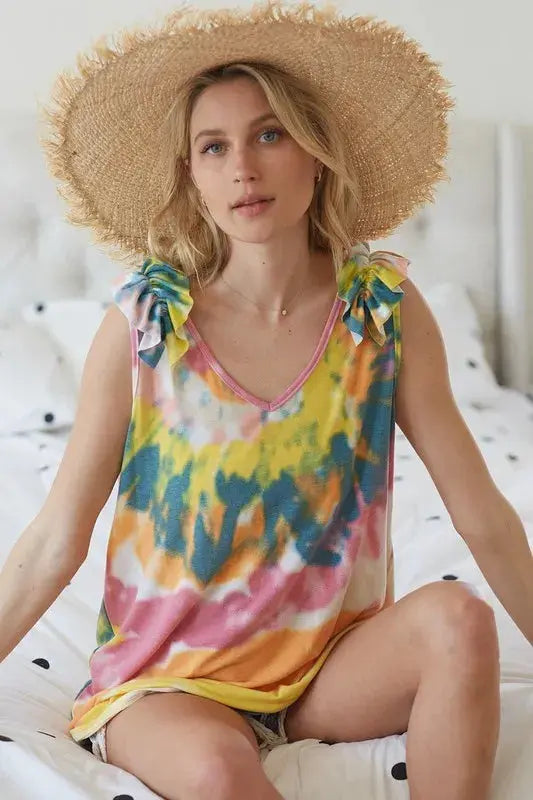 Trendsi Tie Dye Ruffle Knit Tank Top - V-Neck
