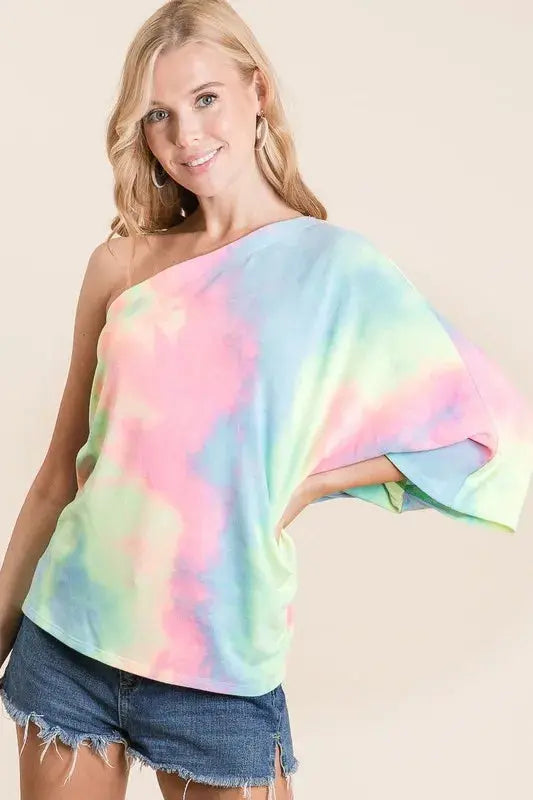 Women's One Shoulder Tee Tee - Tie Dye One Shoulder - Casual Soft French Terry