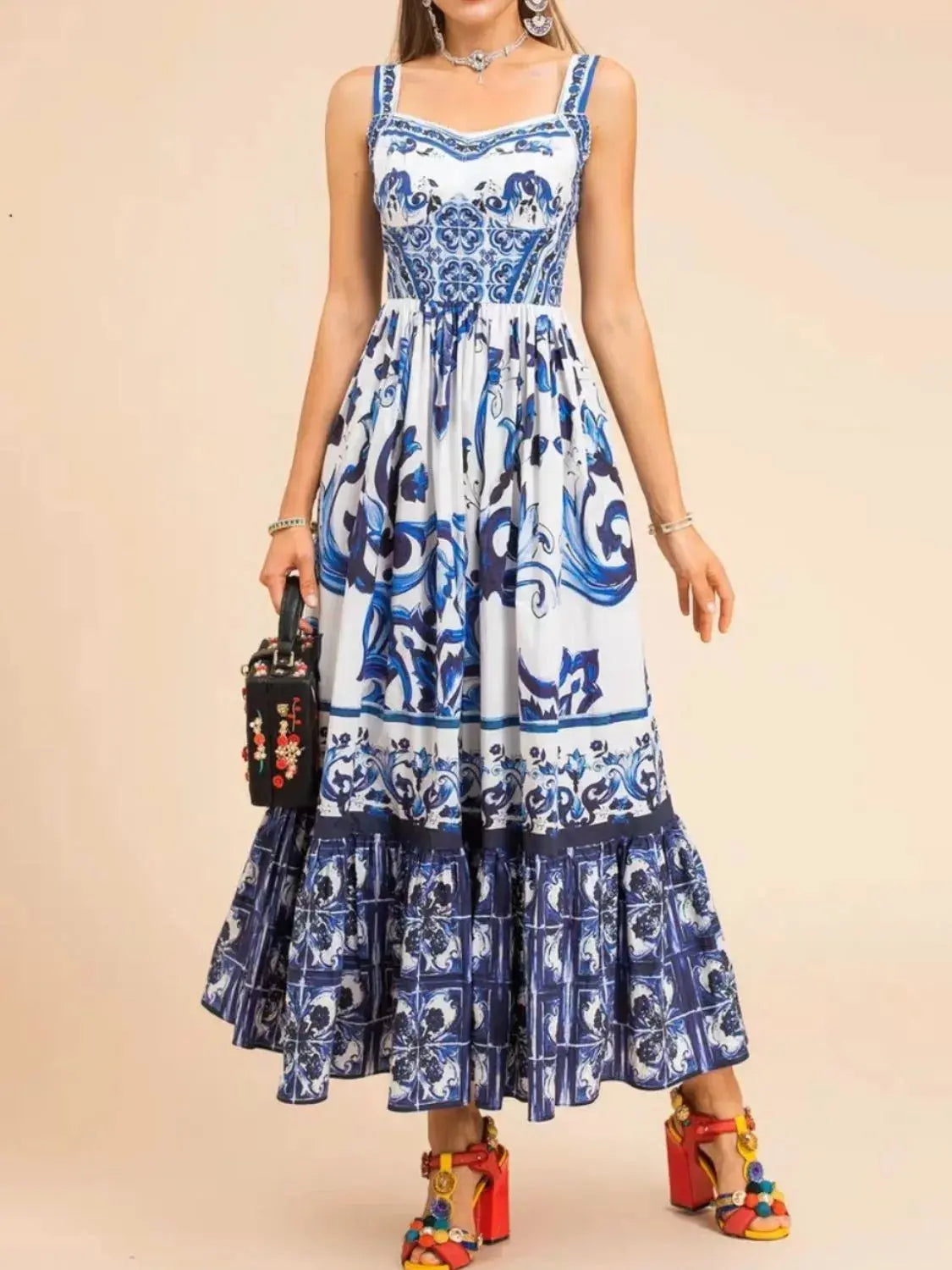 Smocked Blue Tile Print Wide Strap Midi Dress