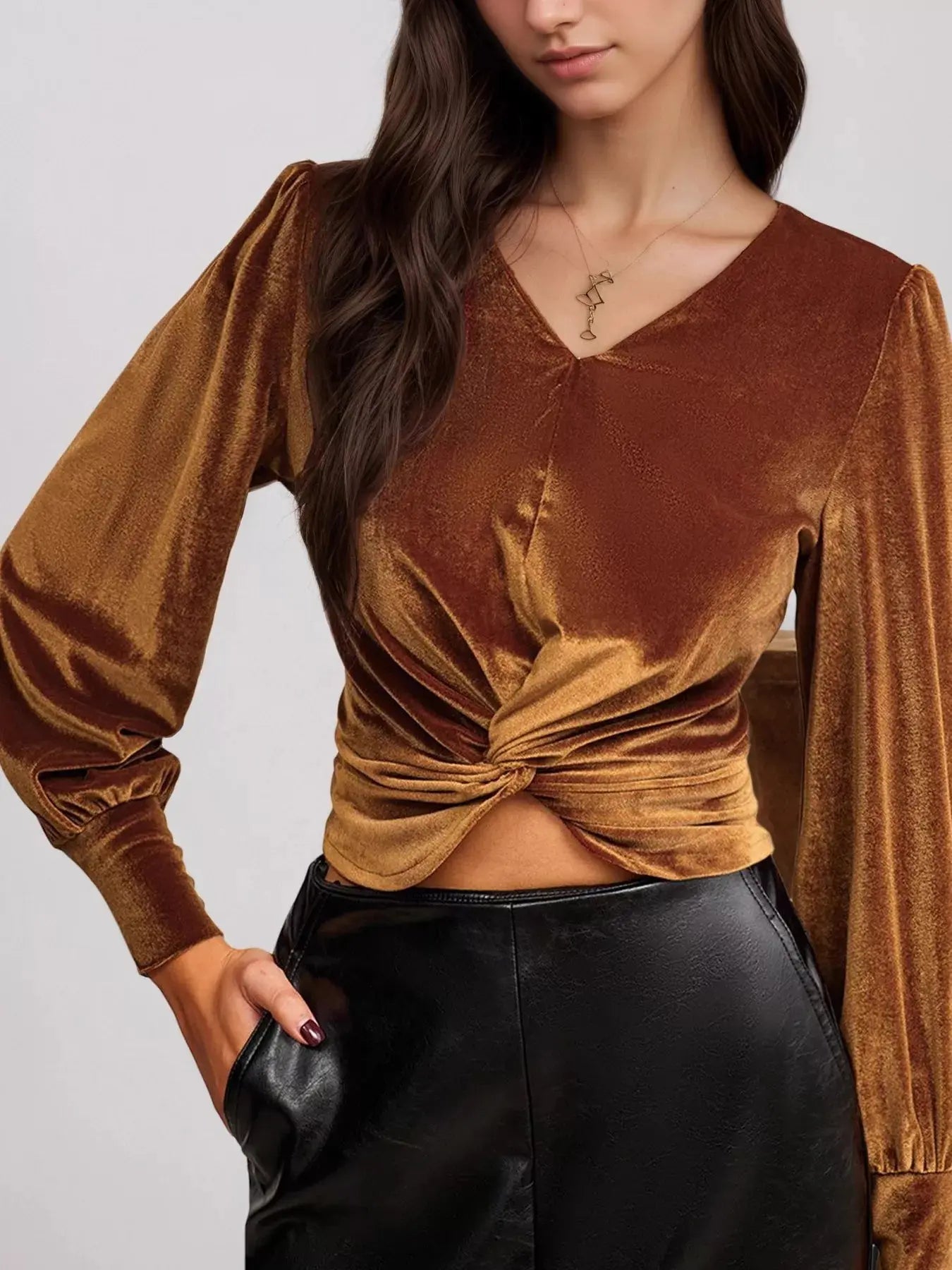 Twisted V Neck Long Sleeve Blouse