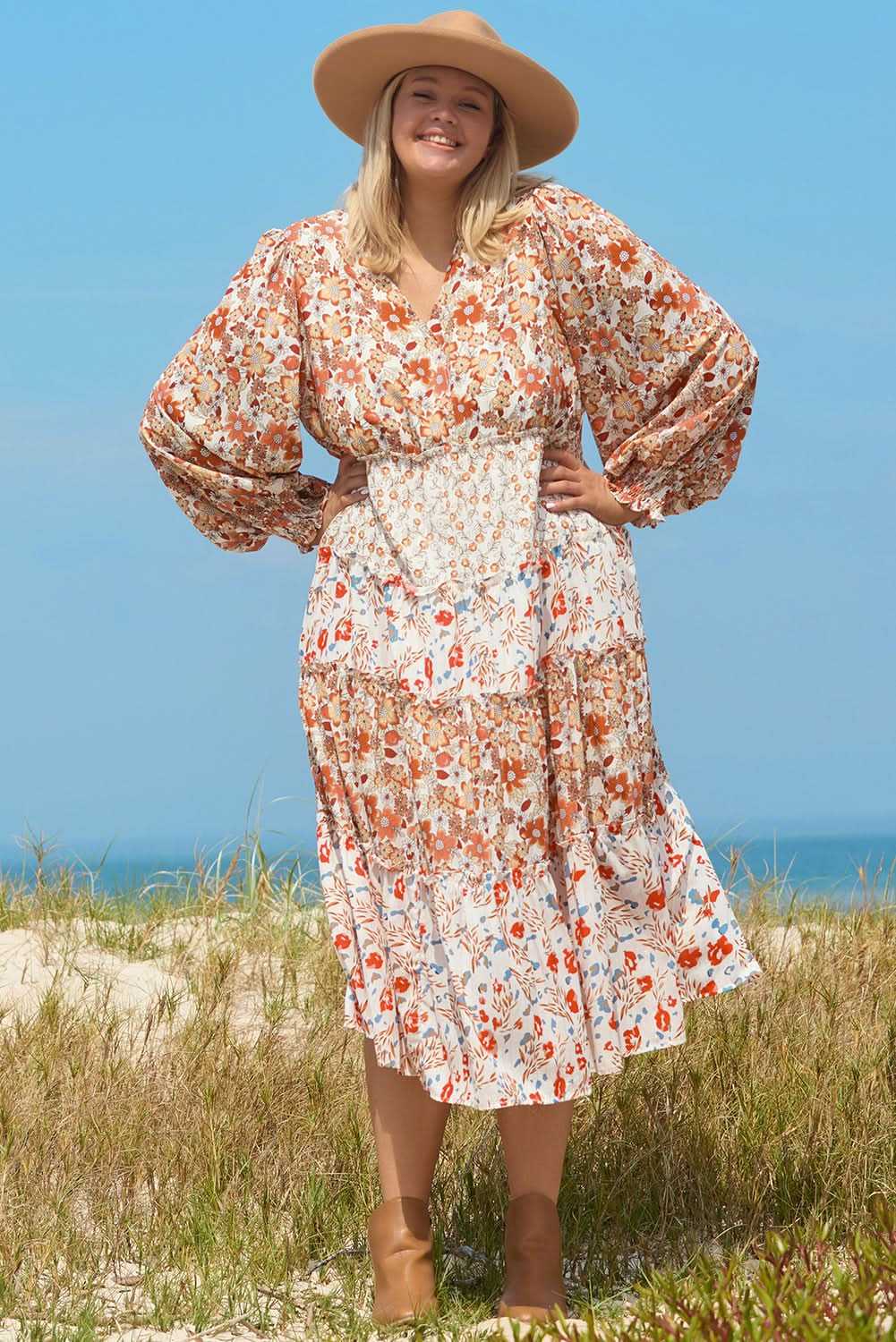 Dresses Love Salve Khaki Floral Maxi Dress Women's Fall Southern Belle Style + Comfy Fit