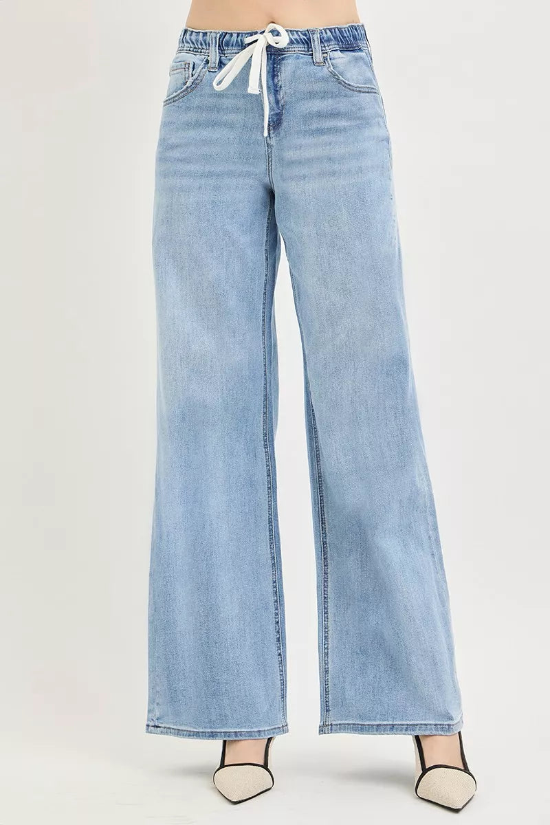 RISEN Elastic Band Slouchy Wide Leg Jeans with Drawstring
