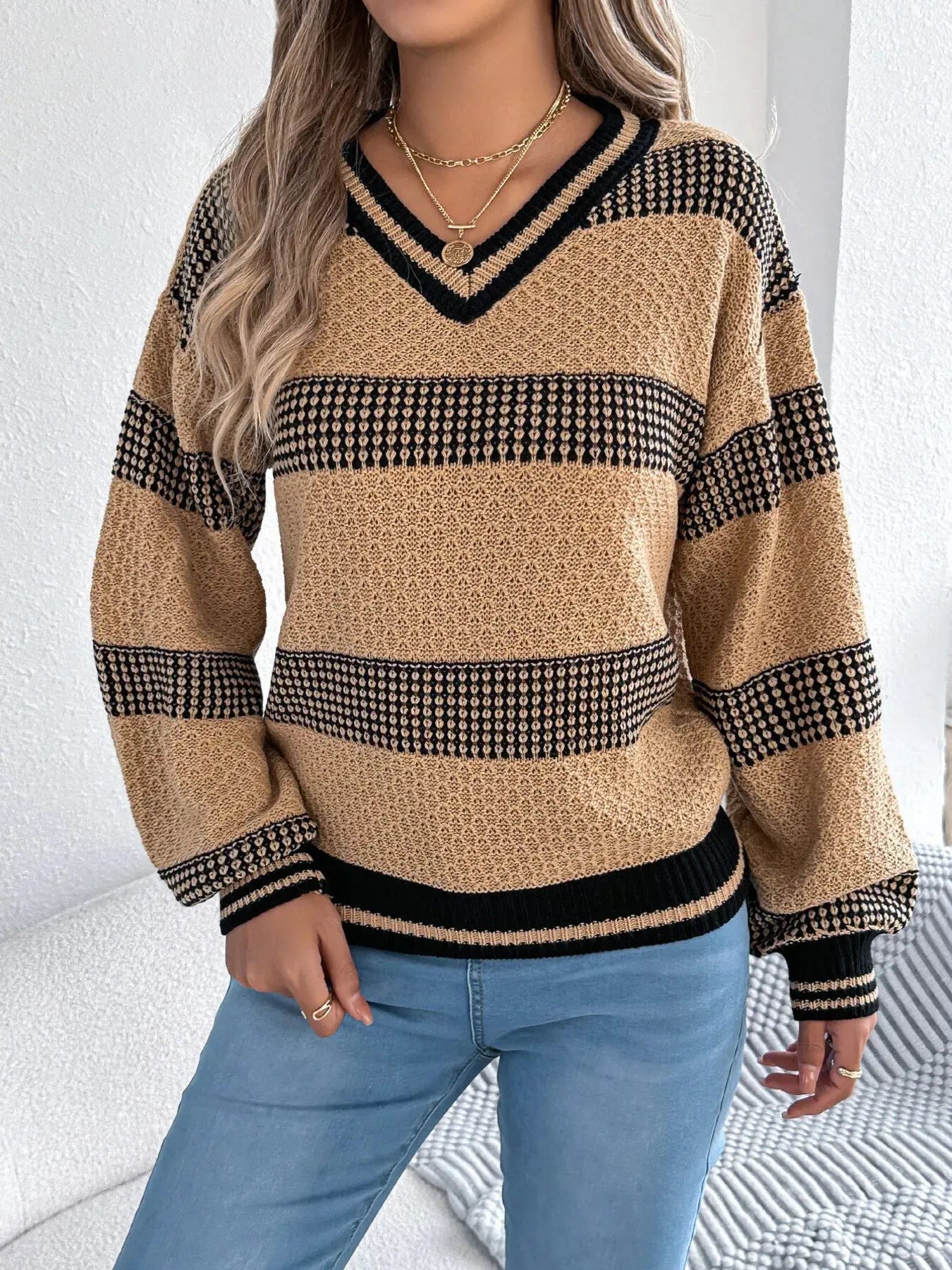 Contrast Striped V Neck Sweater