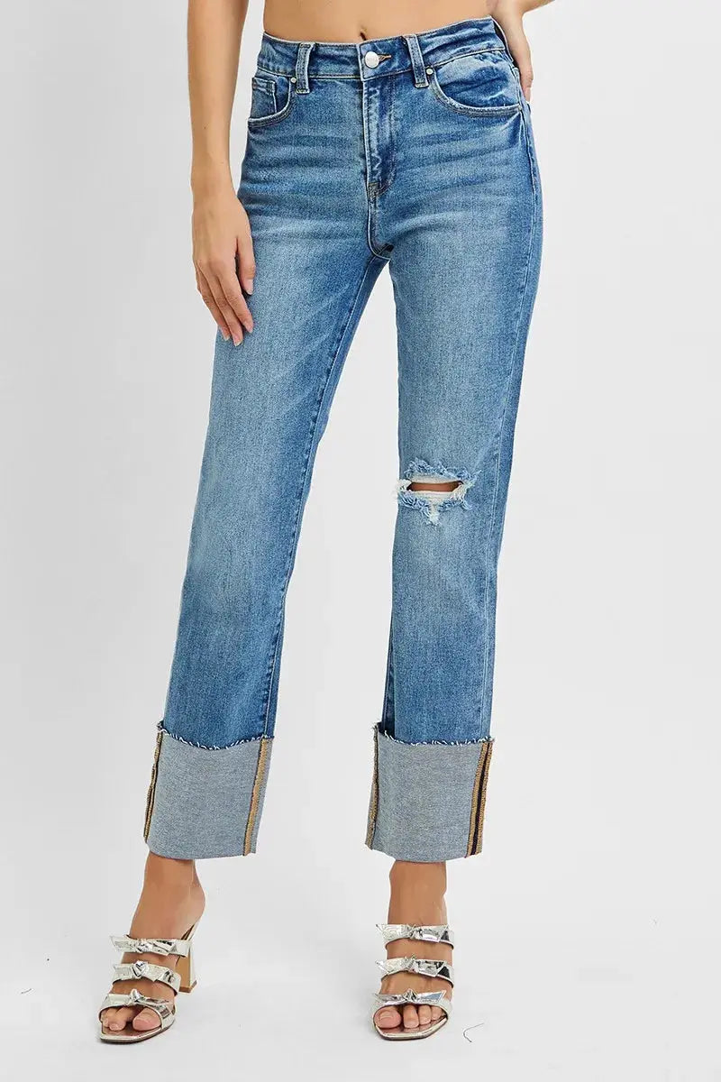 RISEN Jeans - Plus Size High Rise Straight Wide Cuffed Jeans