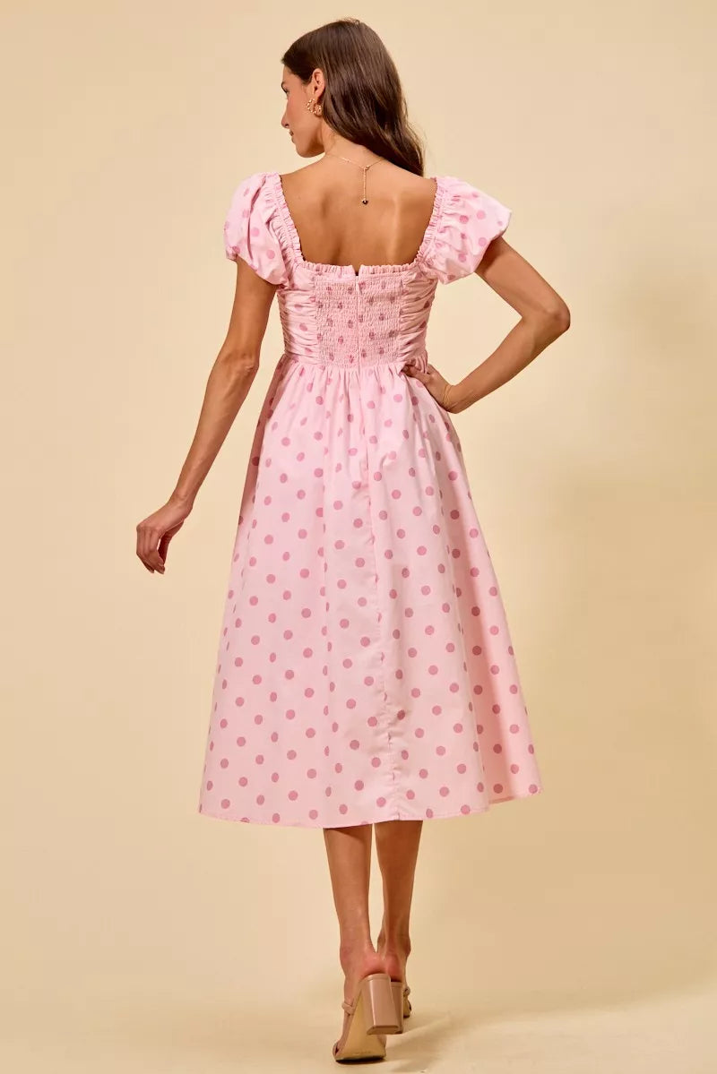 Polka Cotton Print Short Sleeves Pink Midi Dress