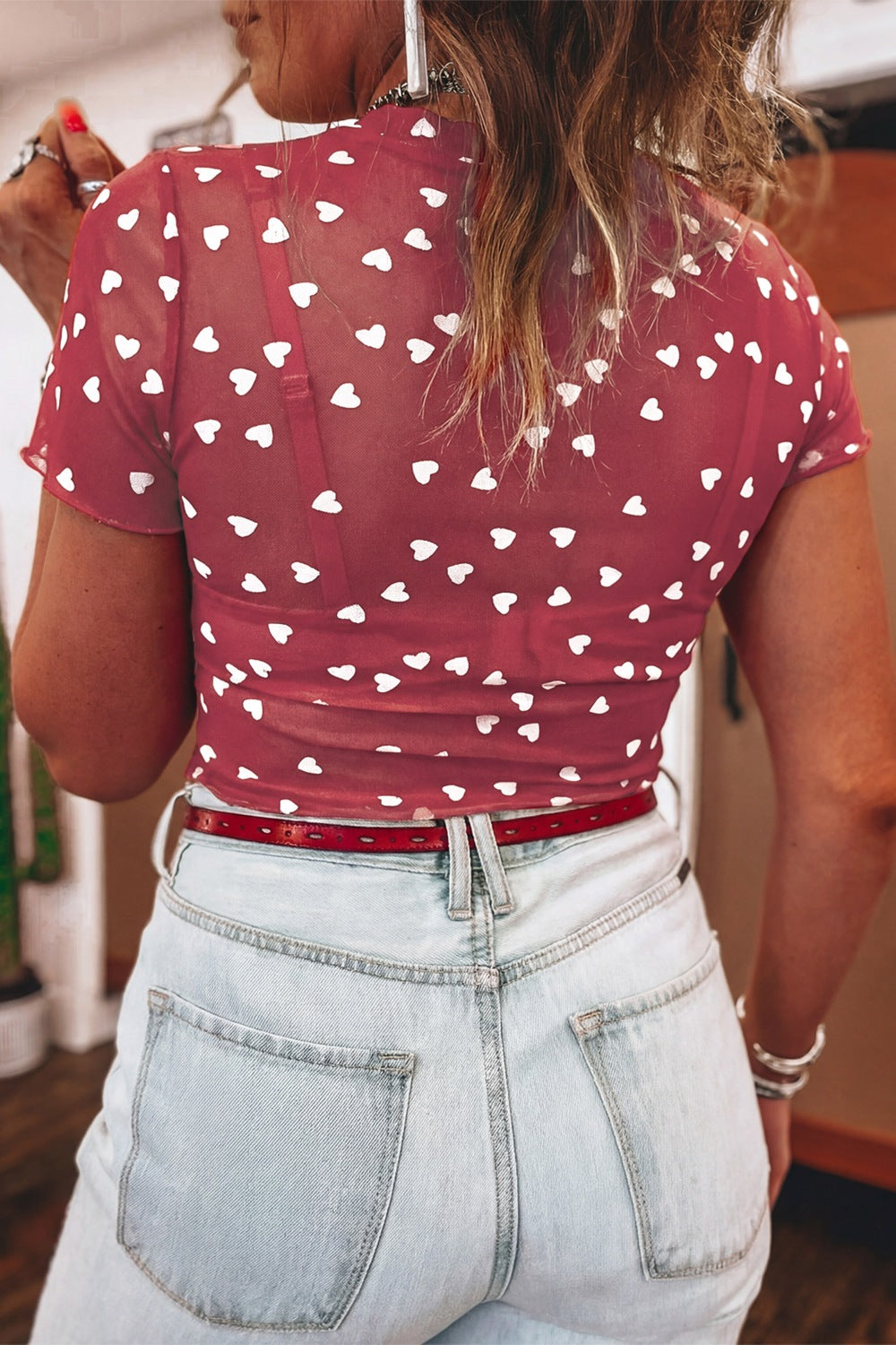 Women's Sheer Heart Print Fitted Mesh Blouse