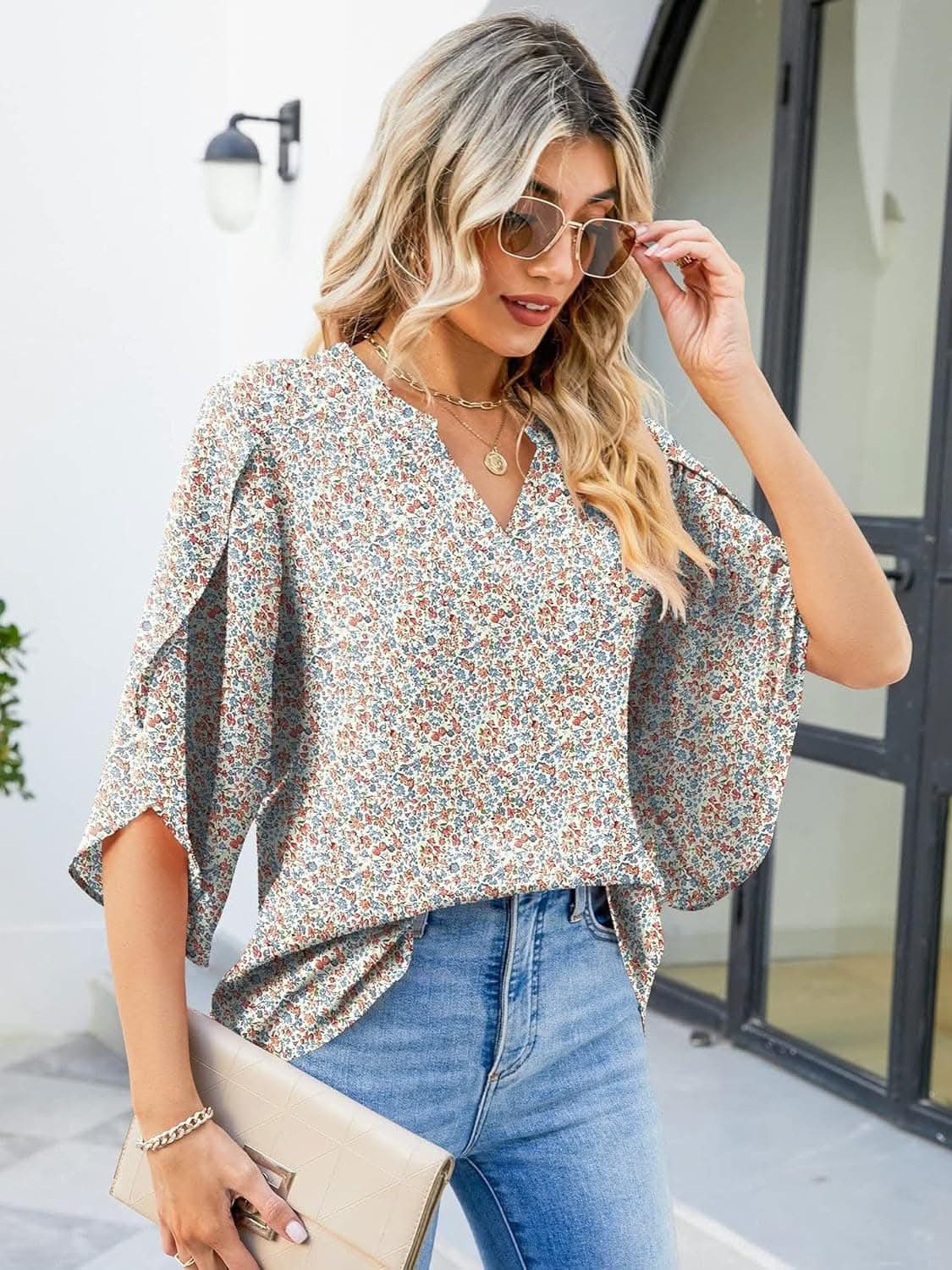 T-Shirts Trendsi Shirts - Chic Notched Sleeve Blouse - Premium Quality